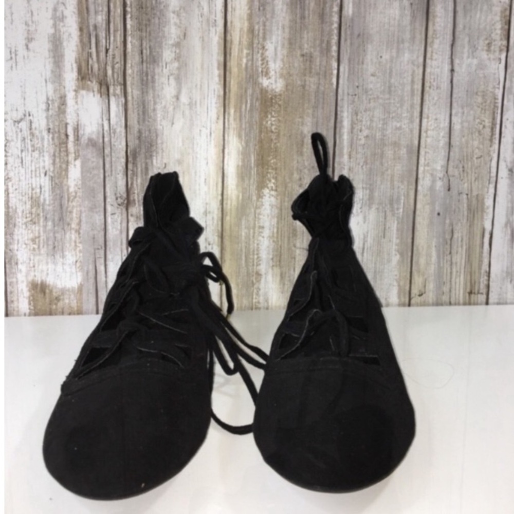 Qupid Black Lace Up Pointed Toe Flats - Picture 2 of 5